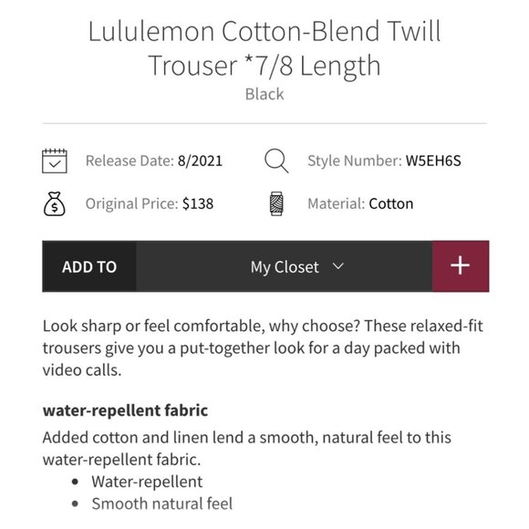 Lululemon Cotton-Blend Twill Trouser 7/8 Length Black 27 - Picture 2 of 15